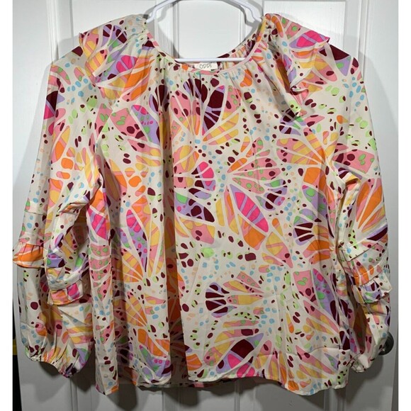 Oddi 1XL Multicolor Colorful Billow Ruffle Long Sleeve Blouse Bohemian Design - Picture 1 of 14